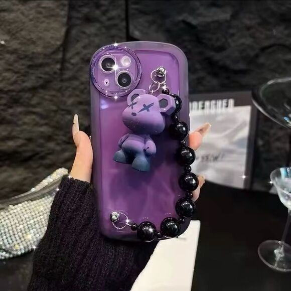 Purple Teddy Charm I-Phone 16 pro max Case with Beaded Handle - Picture 1 of 8